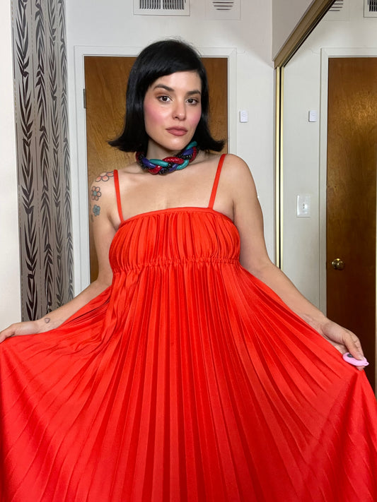 Vintage 70s "Oggee" Red Pleated Dress - Best Fits Size XS-S, Possibly M