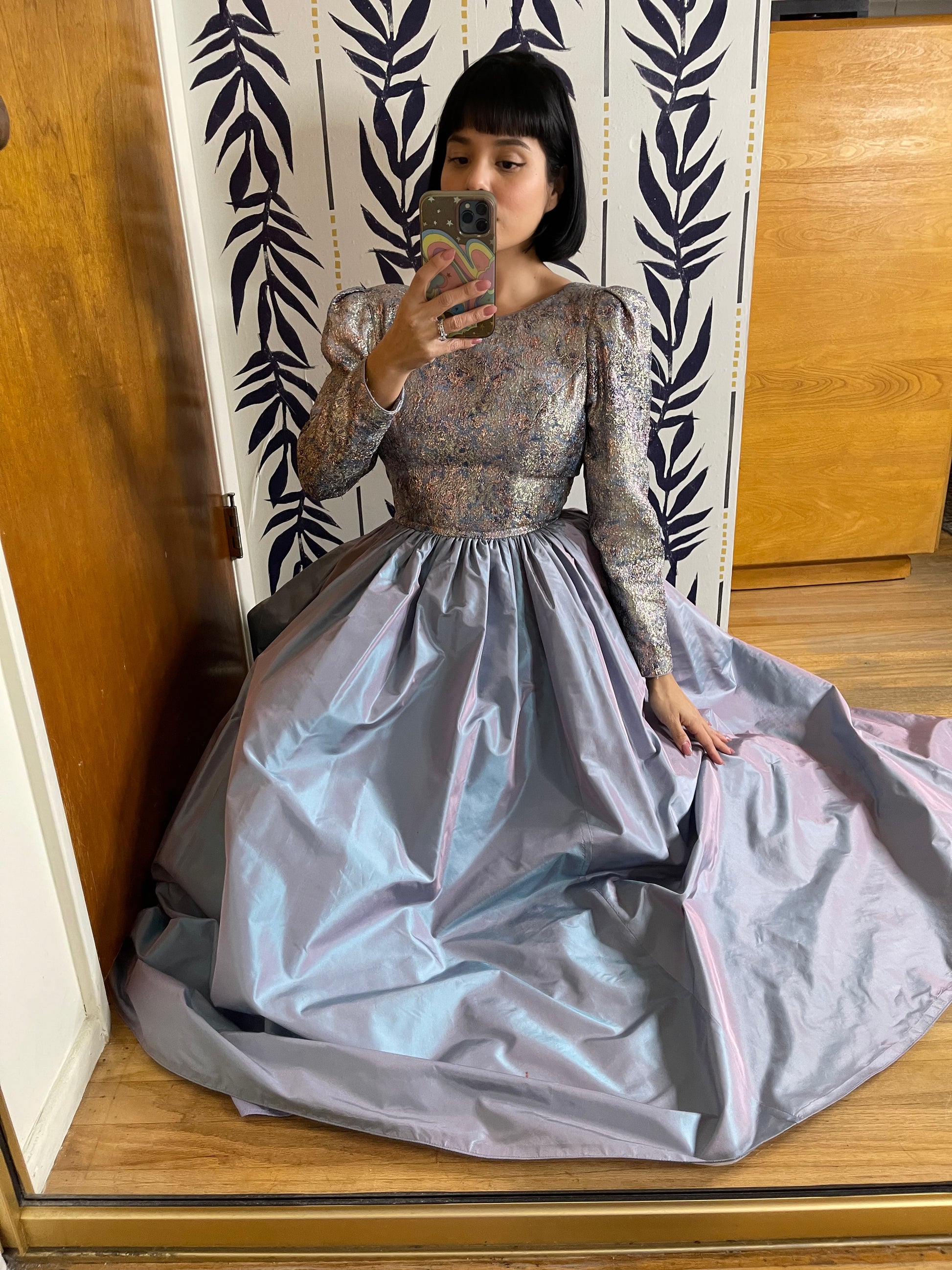 two tone metallic dress Two-Tone Strapless Long Metallic Jacquard Dress
