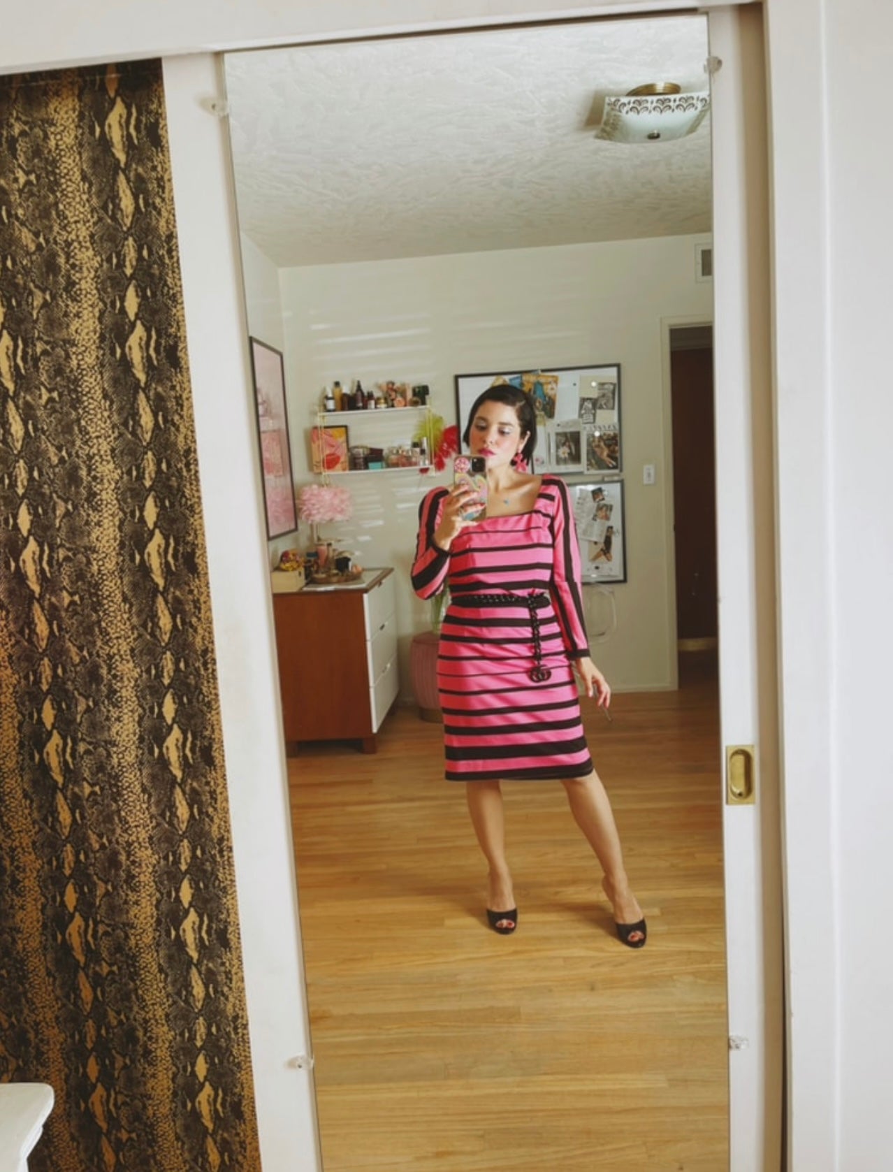 Vintage 60s Black & Pink Striped Wiggle Dress Fits size SM