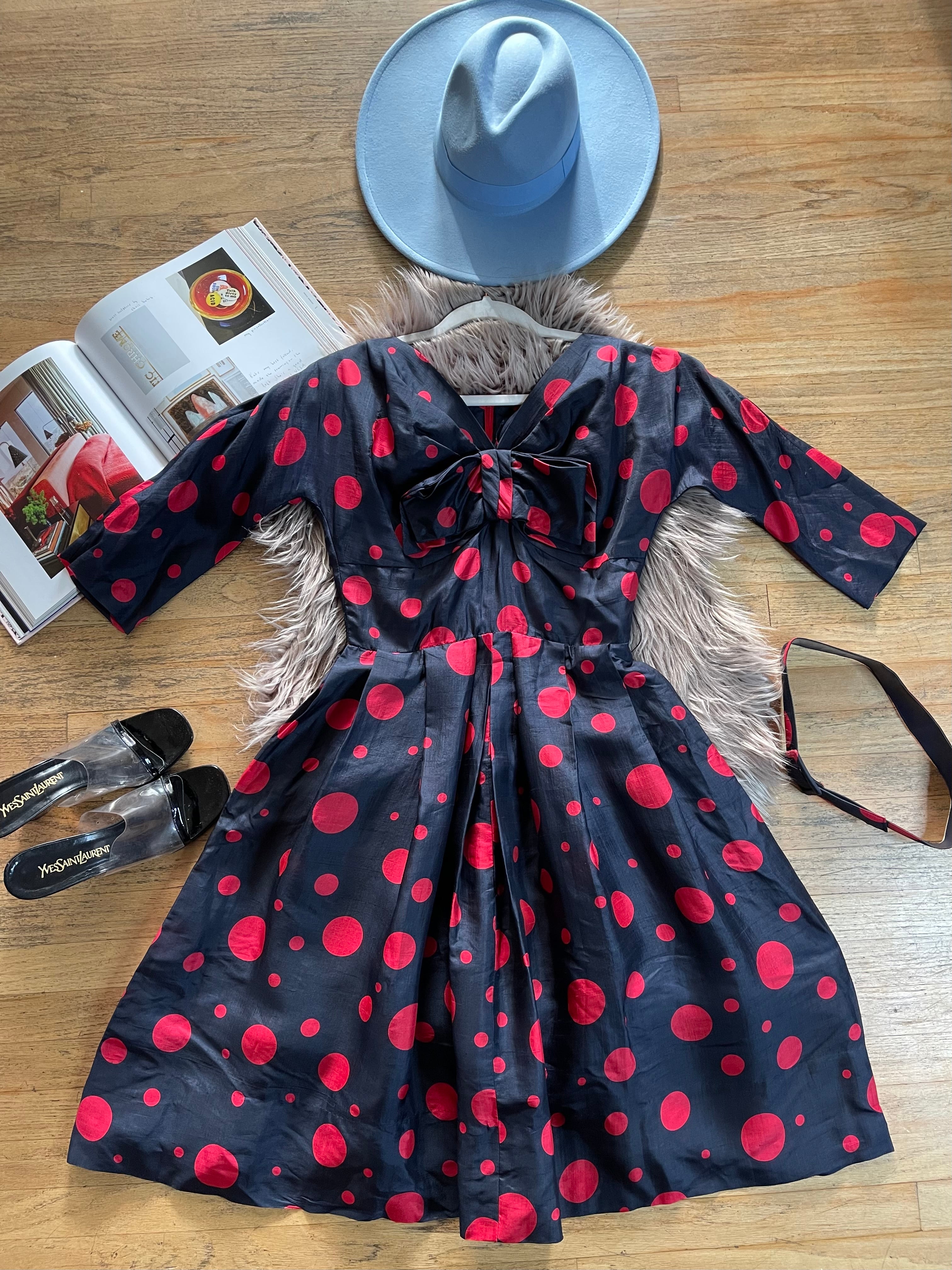 Vintage 50s 60s Red and Black Silk Blend Abstract Polka Dot Fit N Flare Dress with Attached Front Bow Fits Sizes Xs Vintage 50s 60s Red and Black Silk Blend Abstract Polka Dot Fit N Flare Dress with Attached Front Bow Fits Sizes Xs