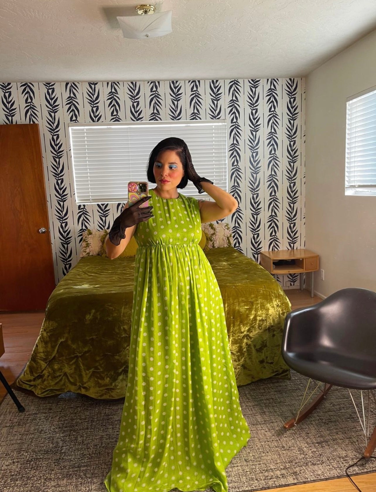 Vintage 60s / 70s Polka Dot Chiffon Empire Waist Maxi Dress fits 