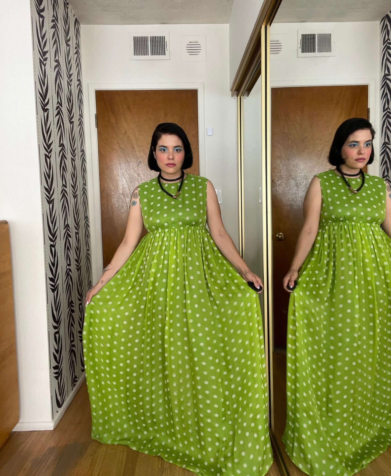 Vintage 60s / 70s Polka Dot Chiffon Empire Waist Maxi Dress fits sizes S-M