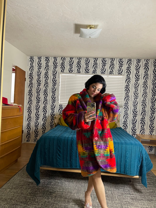 Vintage Donnybrook Rainbow Southwest Faux Fur Coat Fits Sizes S-XL