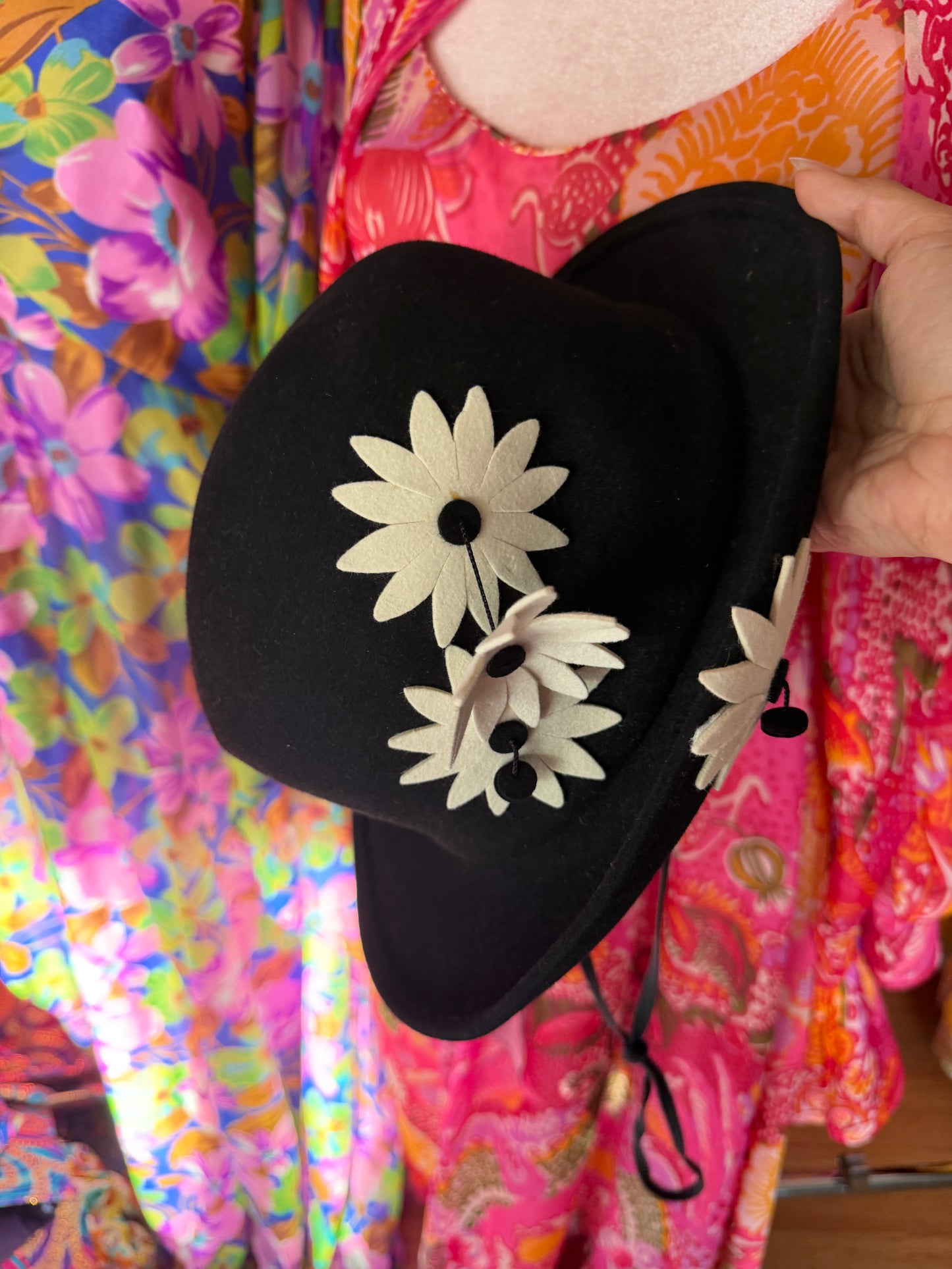 Vintage 60s Mod Adolfo II Black Wool Hat & White Daisies