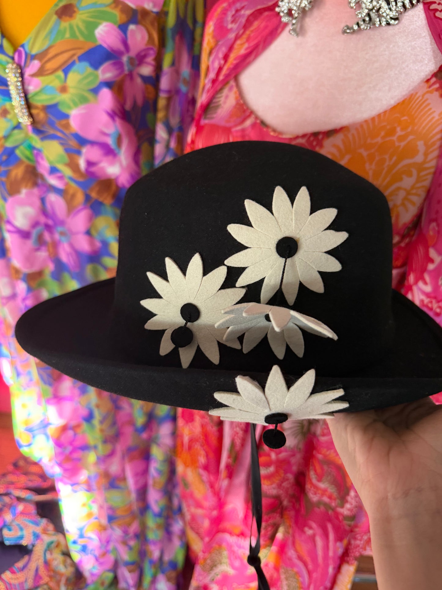 Vintage 60s Mod Adolfo II Black Wool Hat & White Daisies