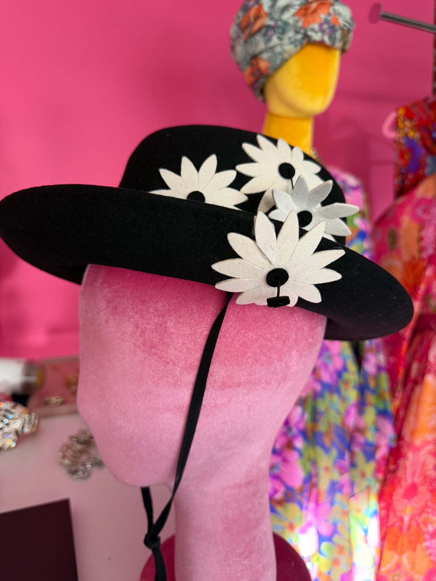 Vintage 60s Mod Adolfo II Black Wool Hat & White Daisies