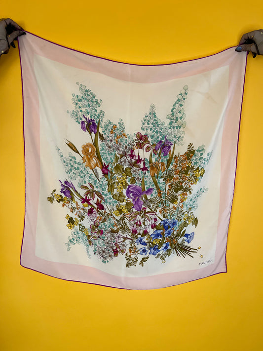 Vintage 80s Floral Garden "Mantero" Silk Scarf