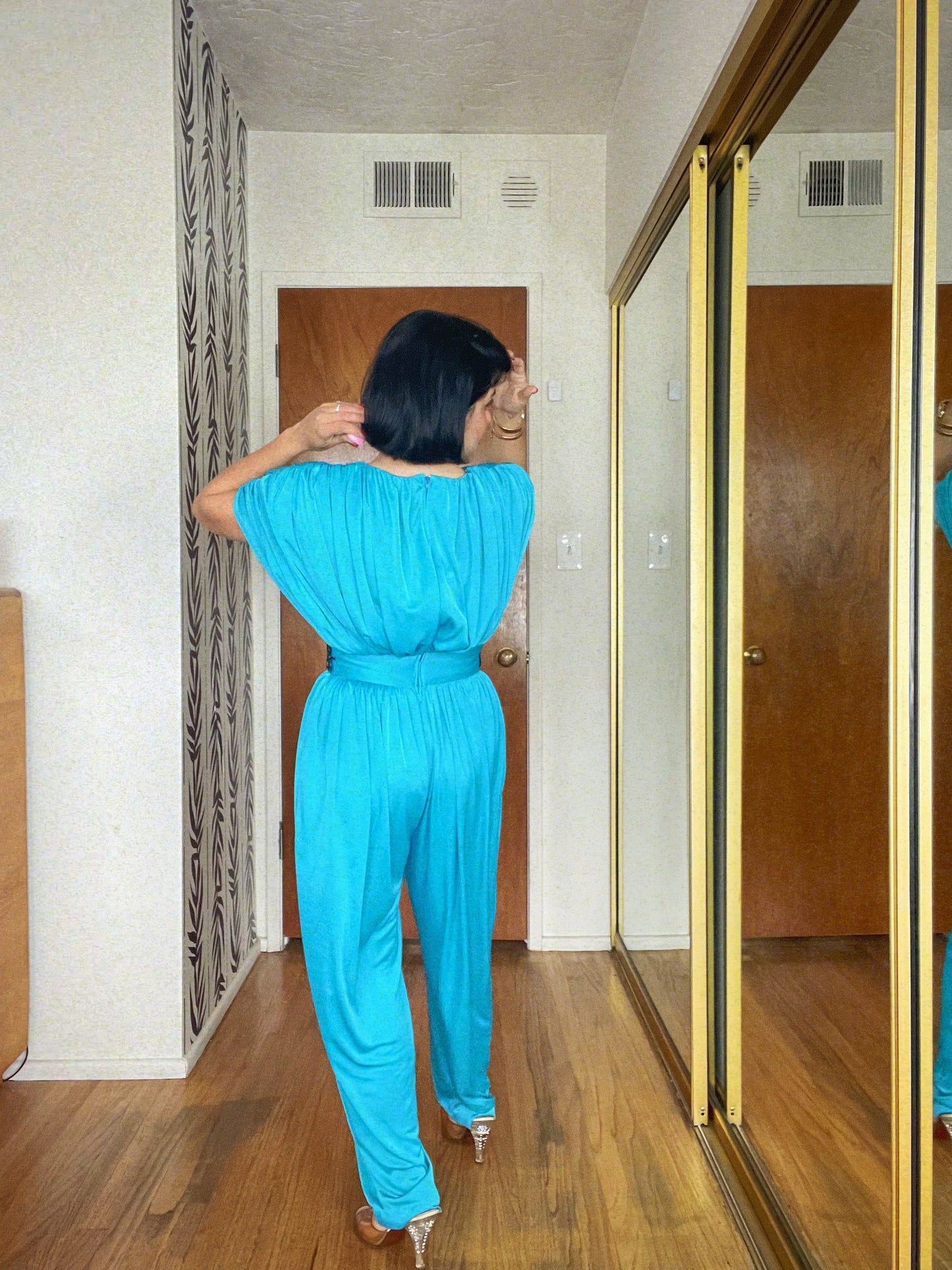 Vintage 70s / 80s "Studio Collection" Teal Blue Sequins Corset Waist Jumpsuit Best Fits Sizes XS-M