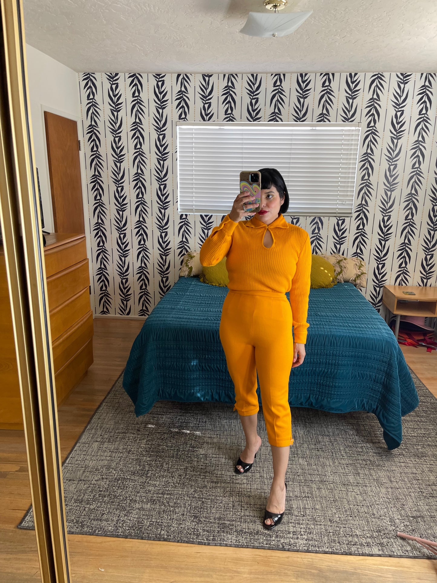 Vintage 50s 60s "Geistex by Geist and Geist" Wool Tangerine Orange Knit Sweater and Pant Matching Set Fits Sizes S-M