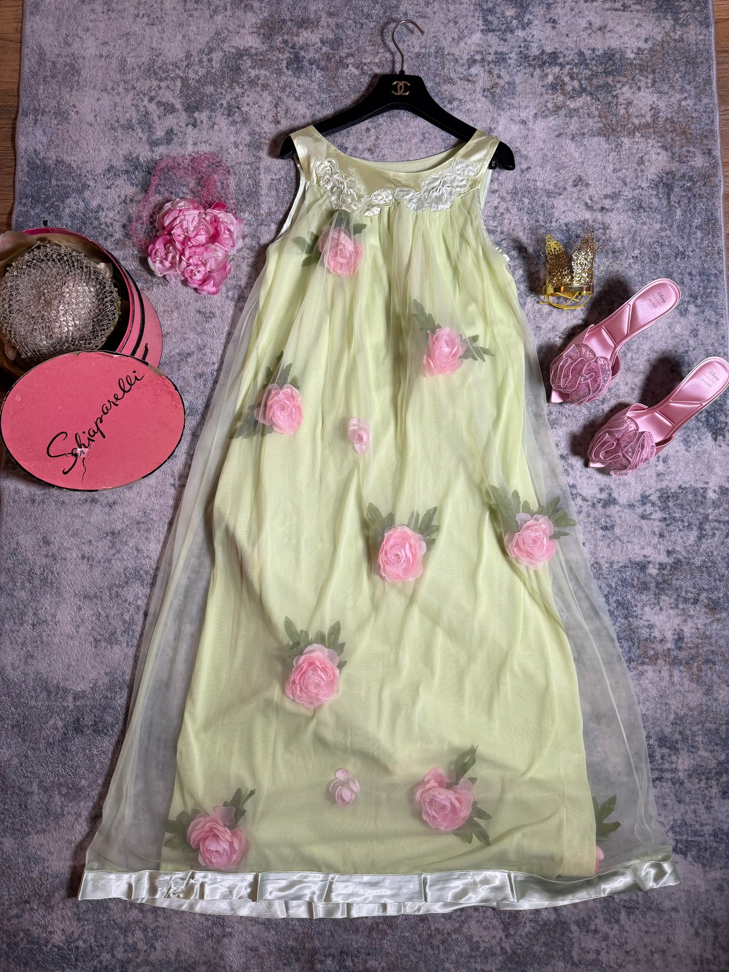 Vintage Custom 60s 70s keylime Pie Nylon Trapeze Slip Dress with 3-D Flowers Fits XS-L