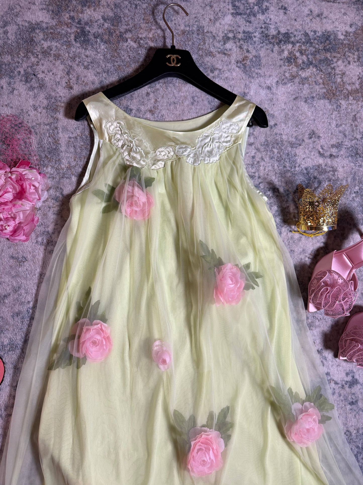 Vintage Custom 60s 70s keylime Pie Nylon Trapeze Slip Dress with 3-D Flowers Fits XS-L