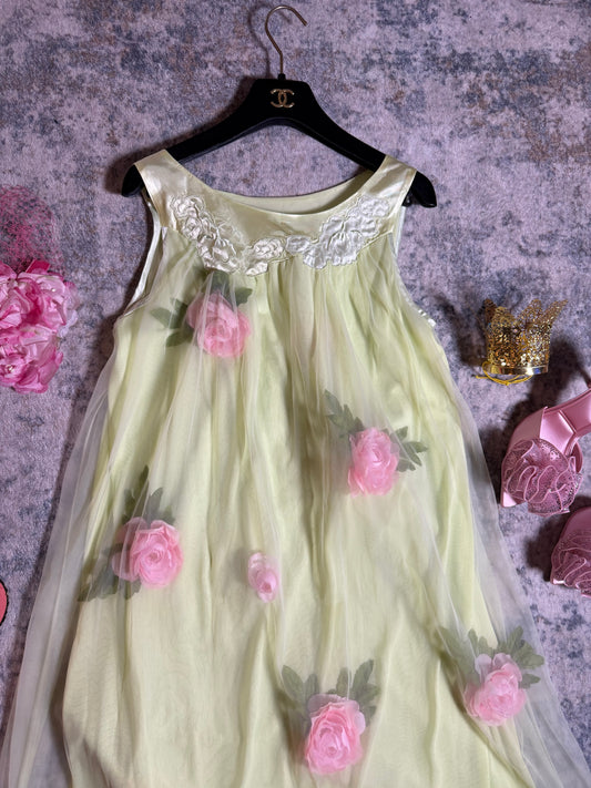 Vintage Custom 60s 70s keylime Pie Nylon Trapeze Slip Dress with 3-D Flowers Fits XS-L