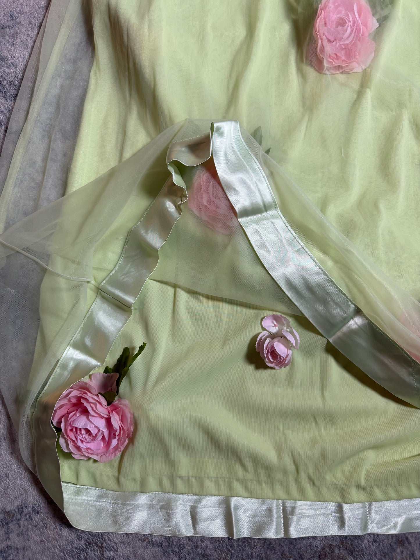 Vintage Custom 60s 70s keylime Pie Nylon Trapeze Slip Dress with 3-D Flowers Fits XS-L