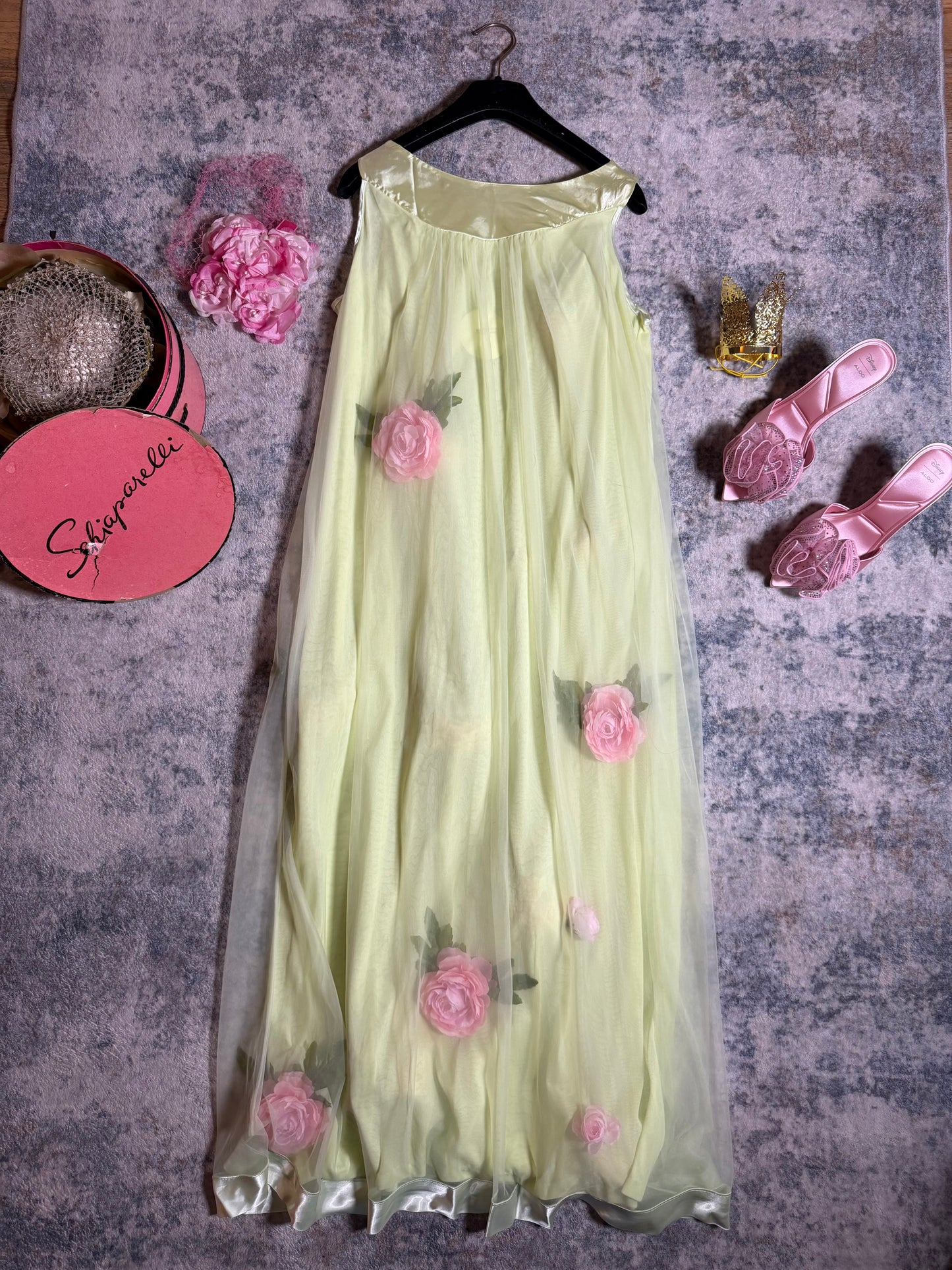 Vintage Custom 60s 70s keylime Pie Nylon Trapeze Slip Dress with 3-D Flowers Fits XS-L