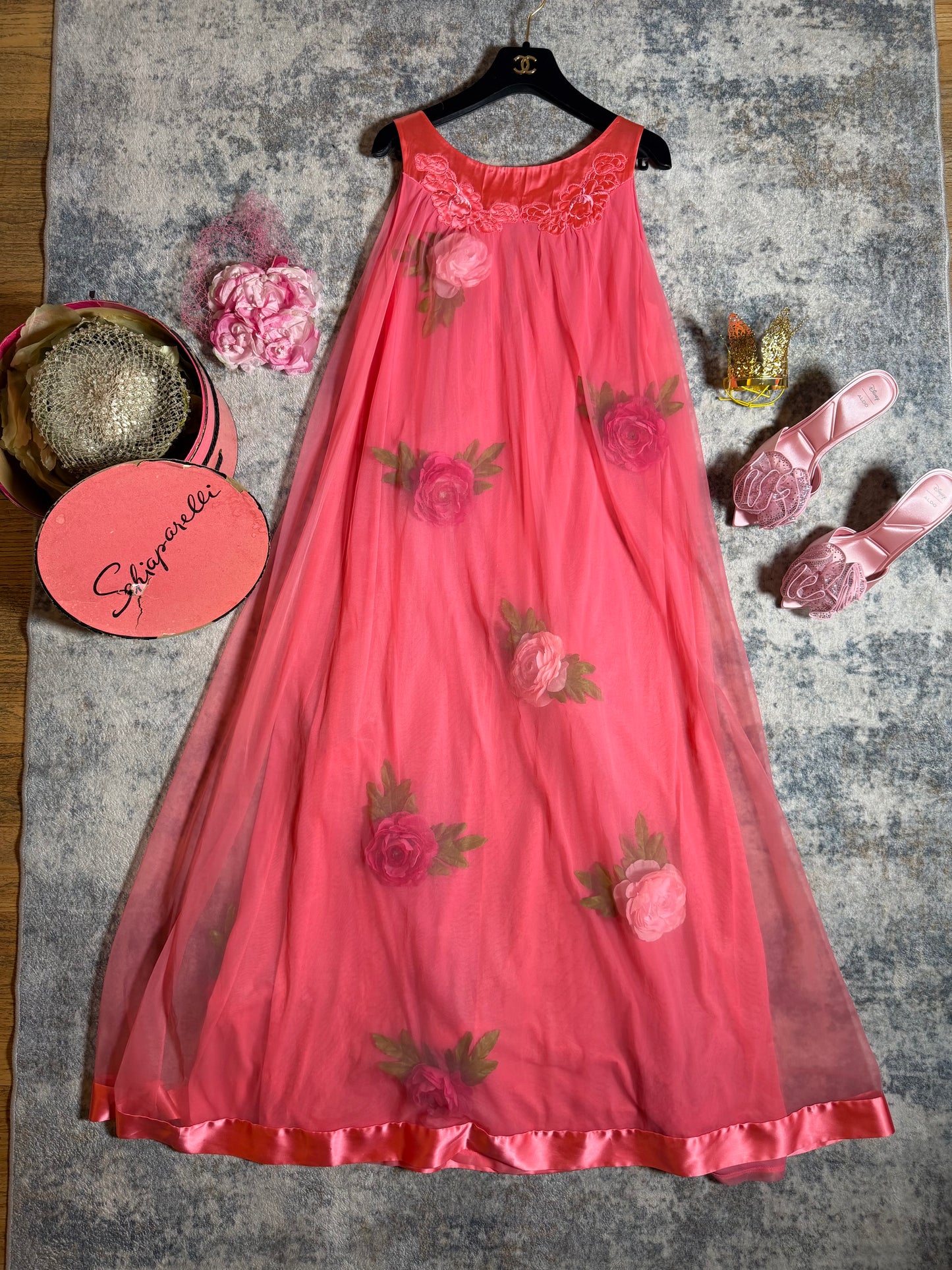 Vintage Custom 60s 70s Salmon Pink Nylon Trapeze Slip Dress with 3-D Flowers Fits XS-L