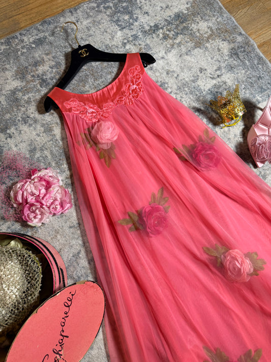 Vintage Custom 60s 70s Salmon Pink Nylon Trapeze Slip Dress with 3-D Flowers Fits XS-L