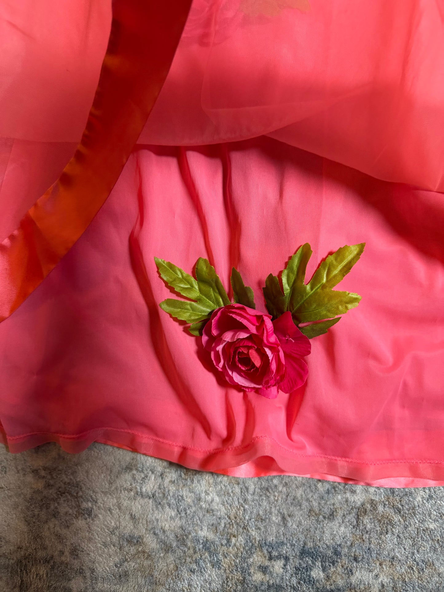Vintage Custom 60s 70s Salmon Pink Nylon Trapeze Slip Dress with 3-D Flowers Fits XS-L