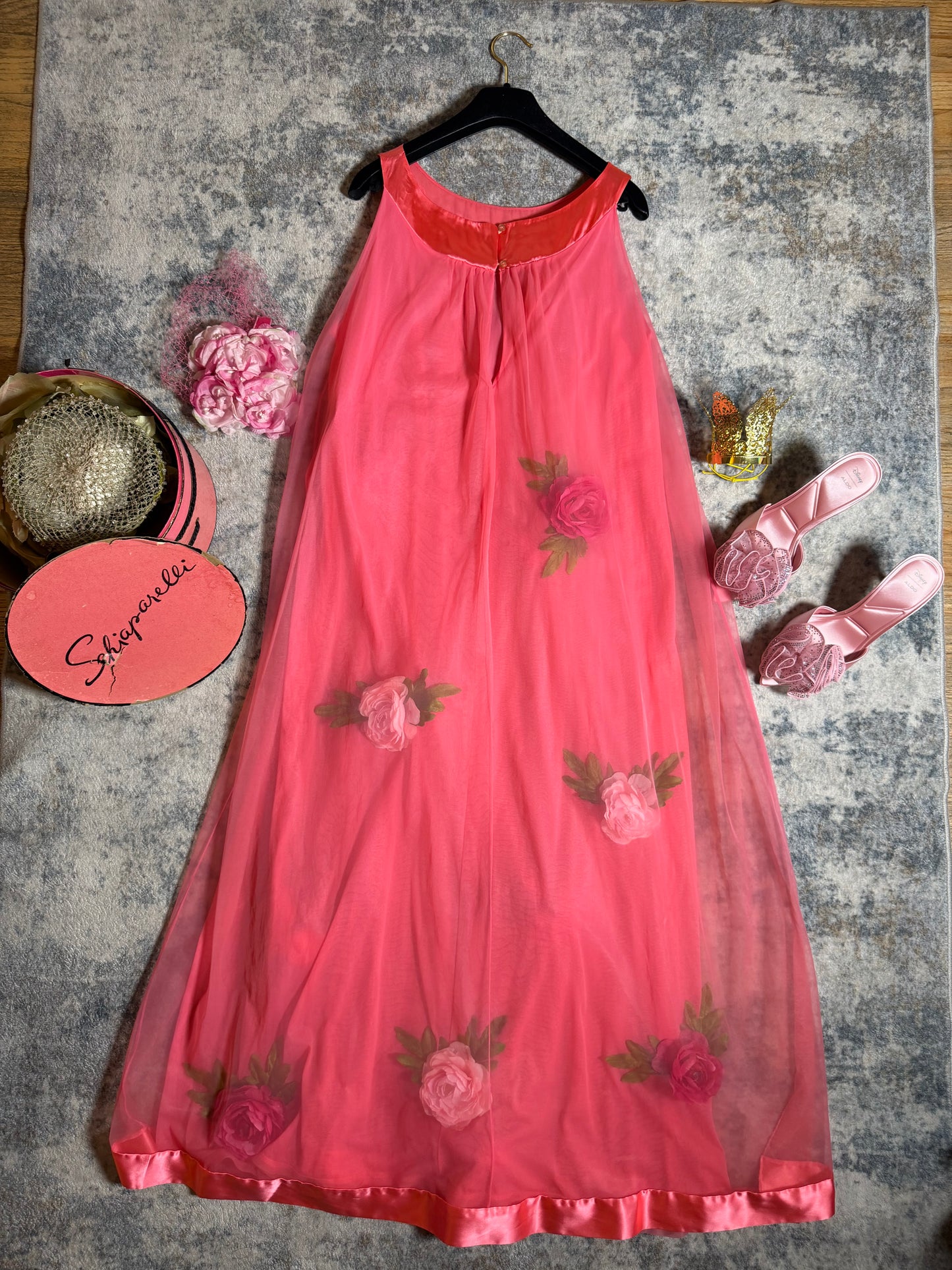 Vintage Custom 60s 70s Salmon Pink Nylon Trapeze Slip Dress with 3-D Flowers Fits XS-L