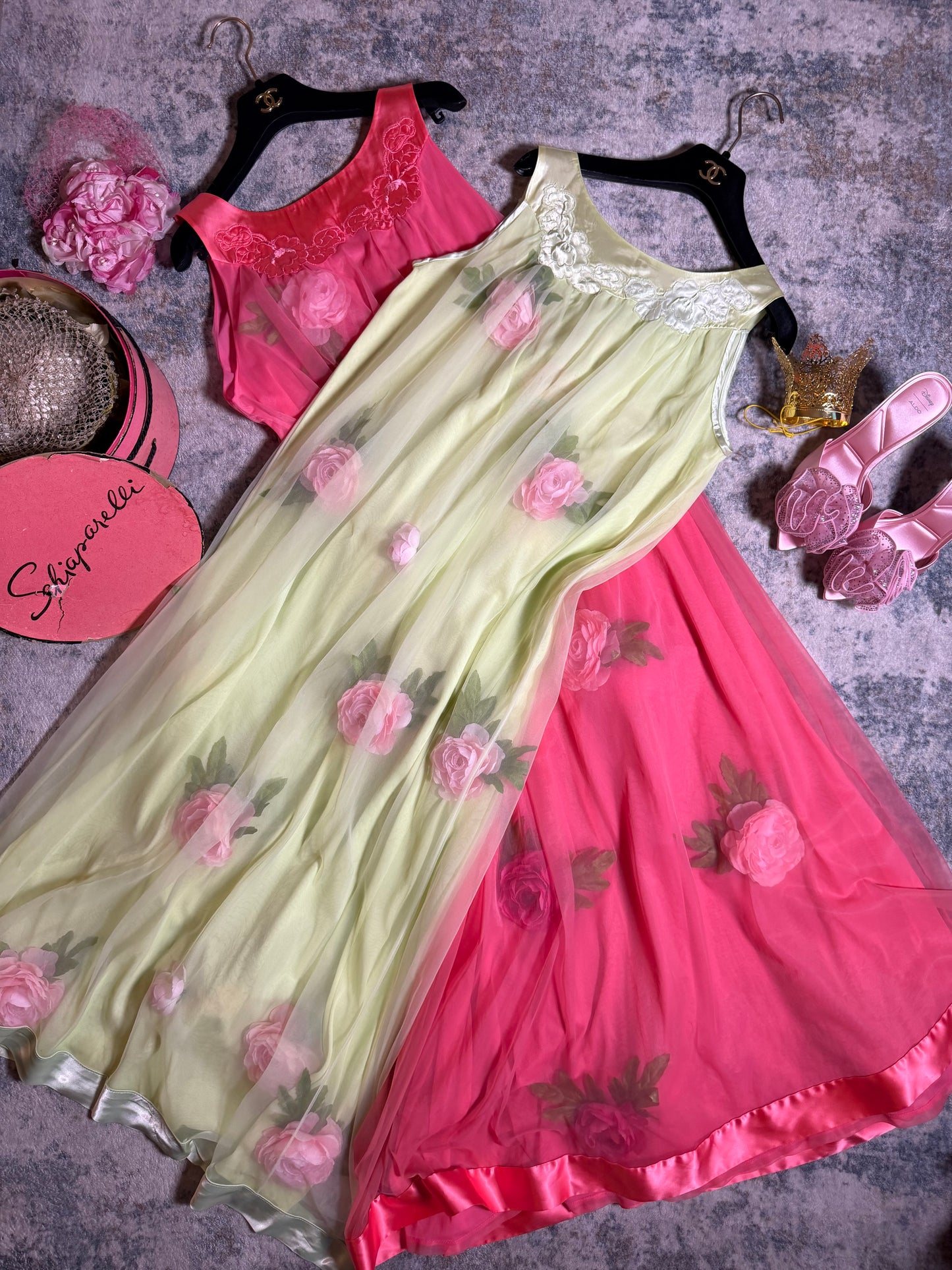 Vintage Custom 60s 70s Salmon Pink Nylon Trapeze Slip Dress with 3-D Flowers Fits XS-L