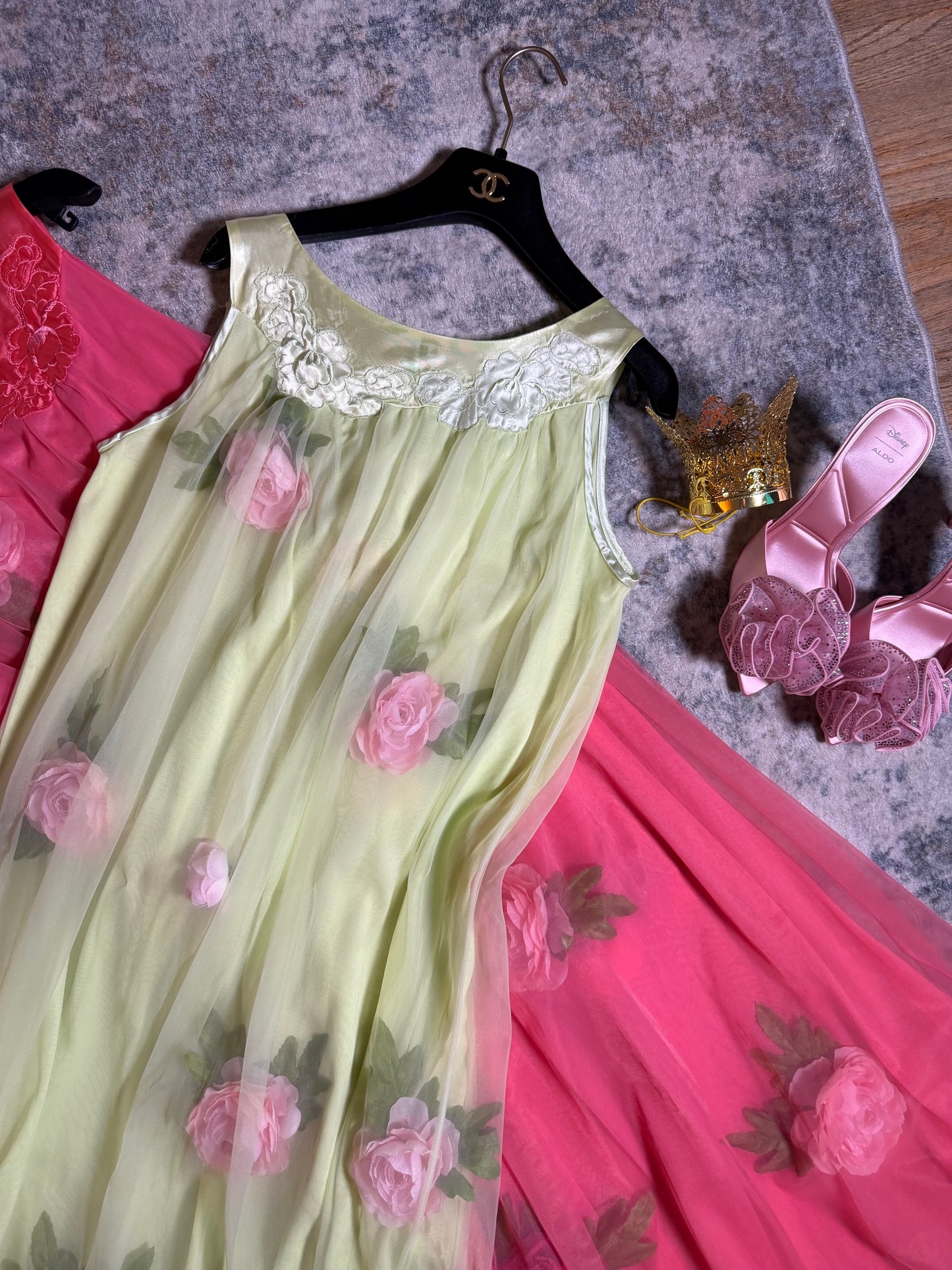 Vintage Custom 60s 70s keylime Pie Nylon Trapeze Slip Dress with 3-D Flowers Fits XS-L