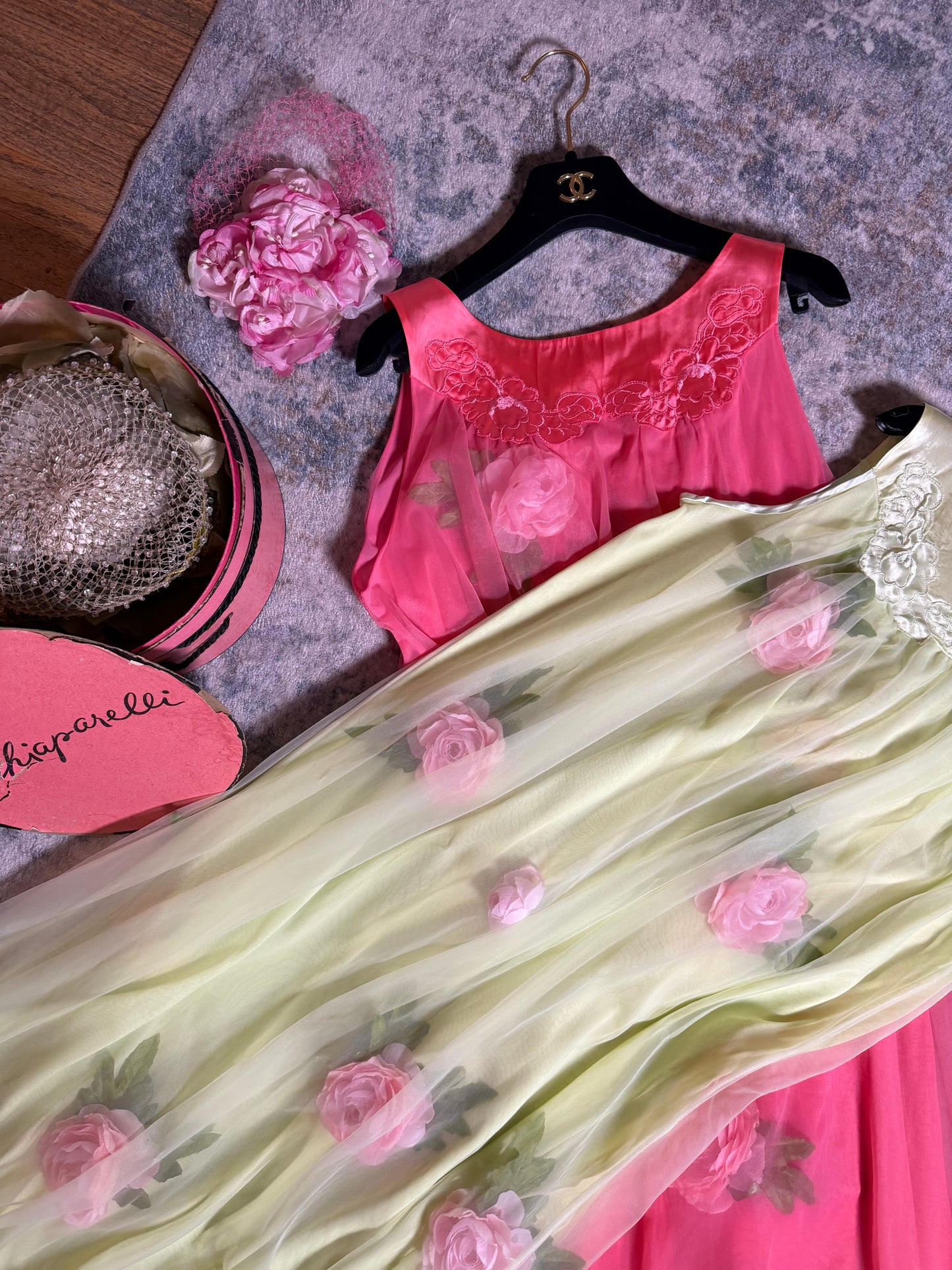 Vintage Custom 60s 70s Salmon Pink Nylon Trapeze Slip Dress with 3-D Flowers Fits XS-L