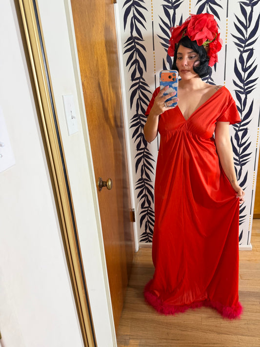Vintage 60s / 70s Lipstick Red Maxi with Feather Trim XS-M