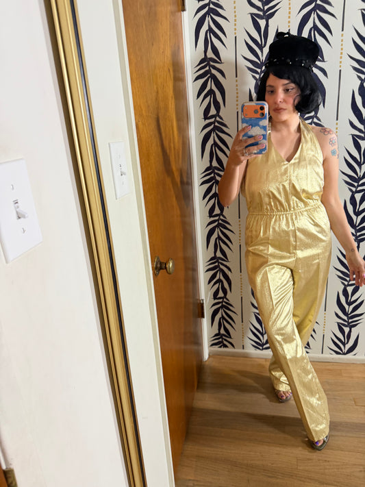 Vintage 70s Metallic Halter Jumpsuit by Friday’s Child Fits XS-M