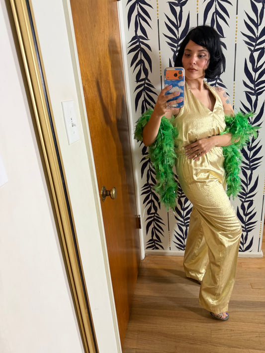 Vintage 60s / 70s Green Metallic Silver Feather Boa