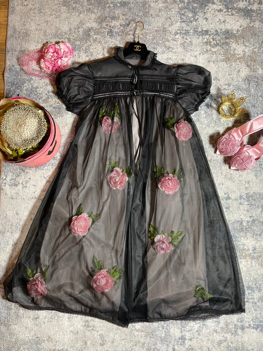 Vintage Custom 50s 60s Black Puffy Sleeve Trapeze 3-D Custom Flowers Trapeze Duster Fits Most Sizes