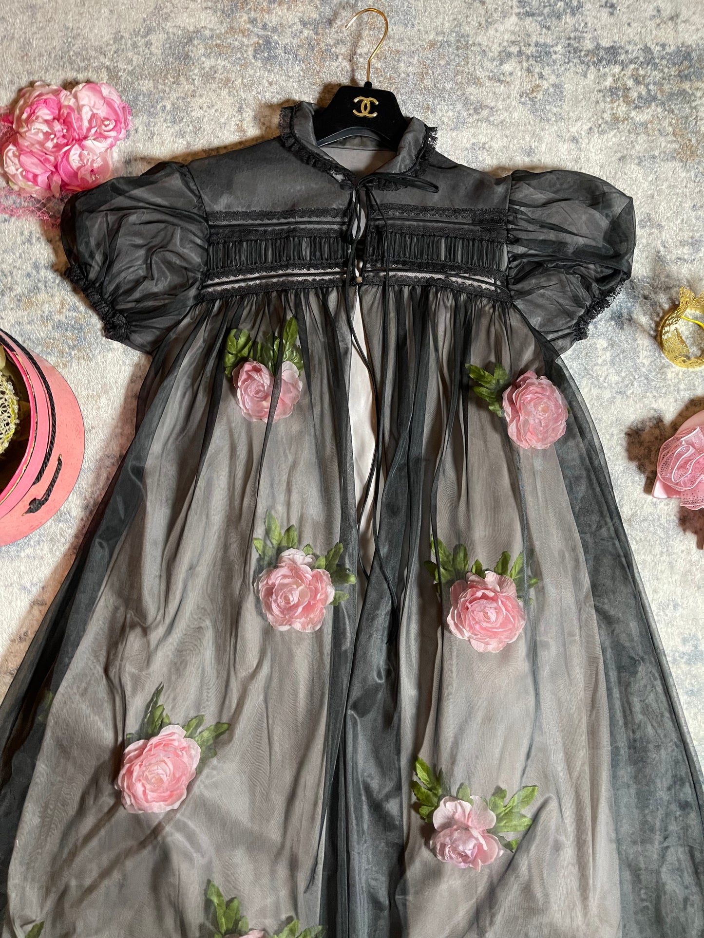 Vintage Custom 50s 60s Black Puffy Sleeve Trapeze 3-D Custom Flowers Trapeze Duster Fits Most Sizes