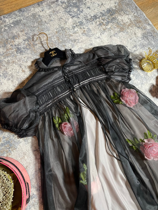 Vintage Custom 50s 60s Black Puffy Sleeve Trapeze 3-D Custom Flowers Trapeze Duster Fits Most Sizes