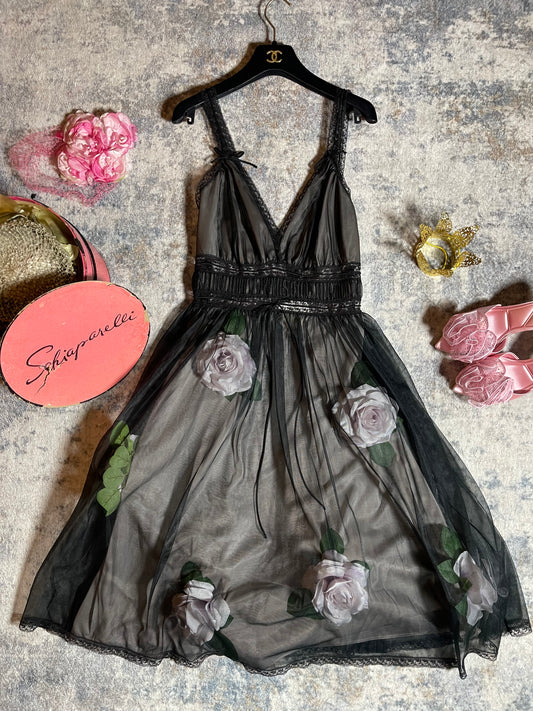 Vintage Custom 50s 60s Black Puffy Sheer Waistline 3-D Custom Slip Dress Fits S-L