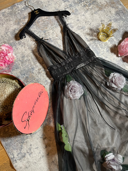 Vintage Custom 50s 60s Black Puffy Sheer Waistline 3-D Custom Slip Dress Fits S-L