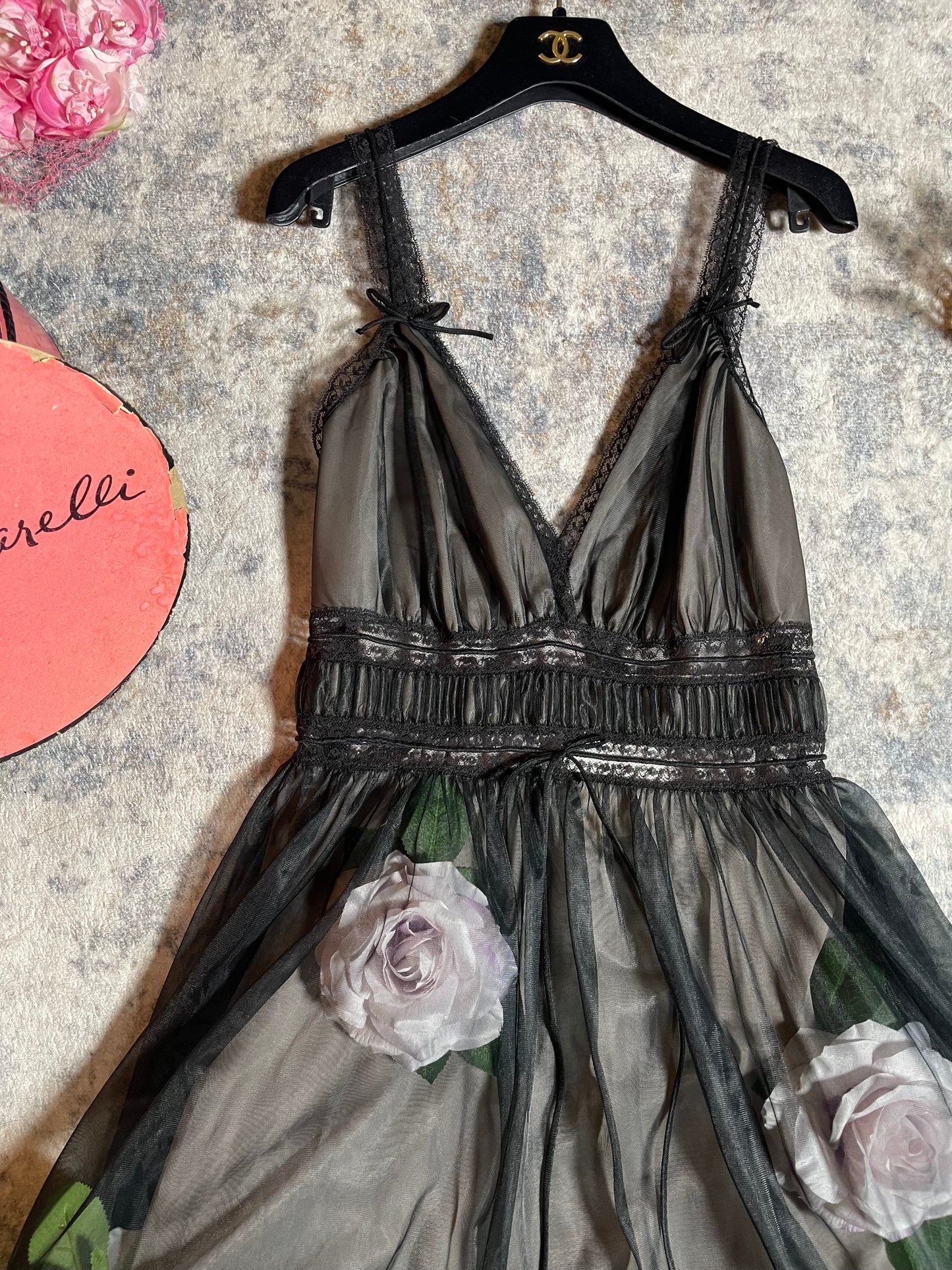 Vintage Custom 50s 60s Black Puffy Sheer Waistline 3-D Custom Slip Dress Fits S-L