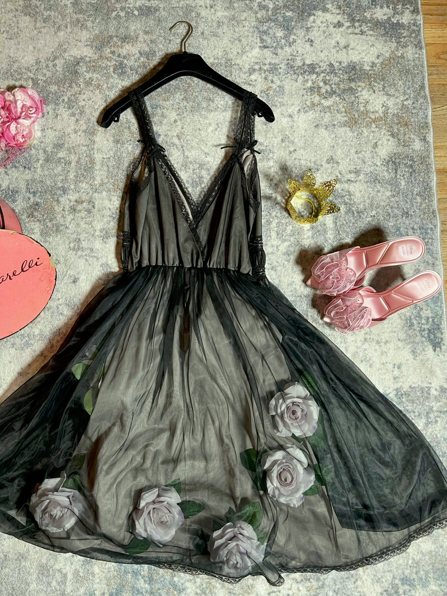 Vintage Custom 50s 60s Black Puffy Sheer Waistline 3-D Custom Slip Dress Fits S-L