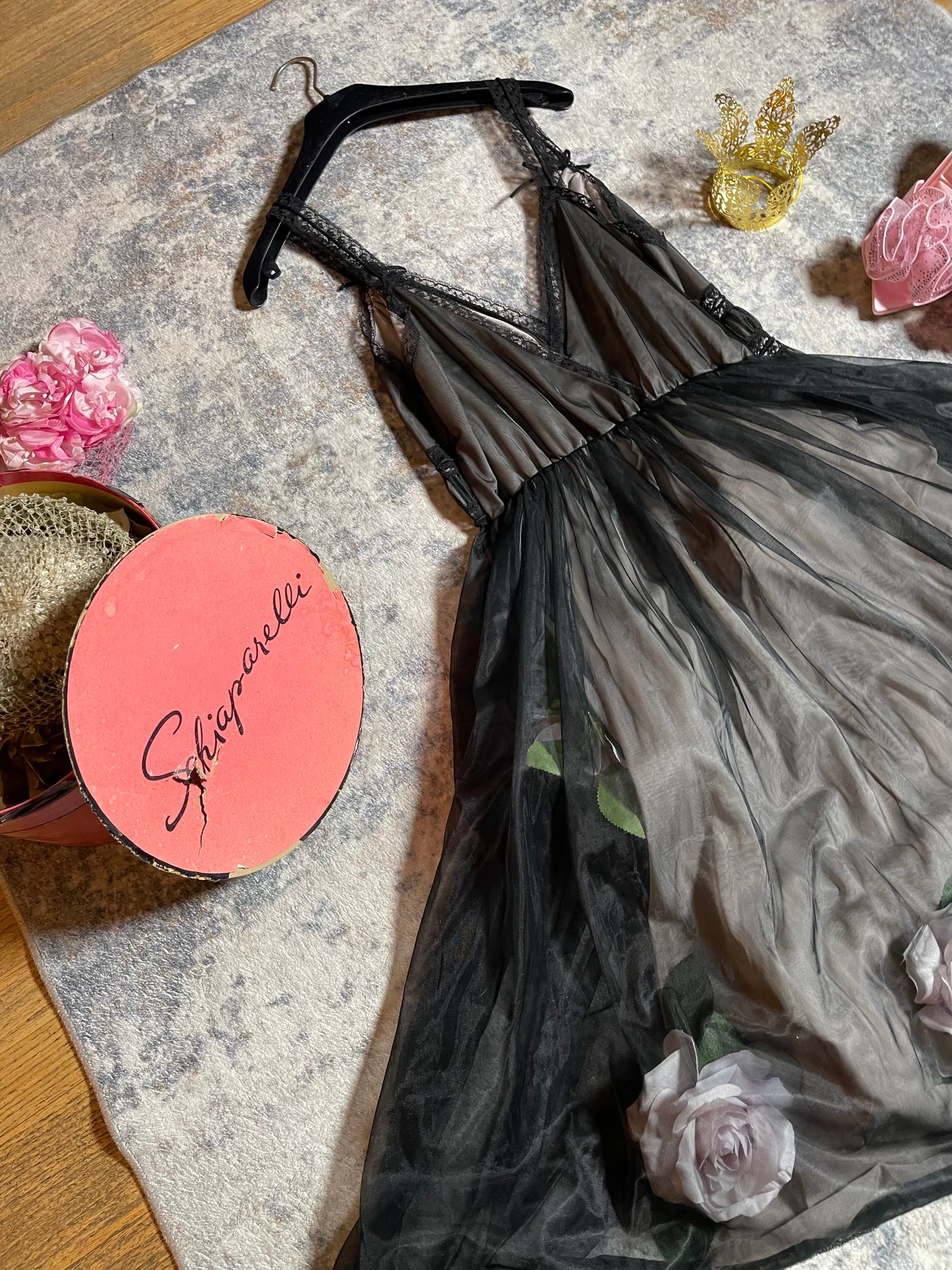 Vintage Custom 50s 60s Black Puffy Sheer Waistline 3-D Custom Slip Dress Fits S-L