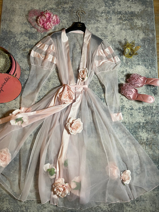 Vintage Custom 60s 70s Powder Pink Nylon Puffy Balloon Shoulders Custom 3-D Duster Fits XS-M