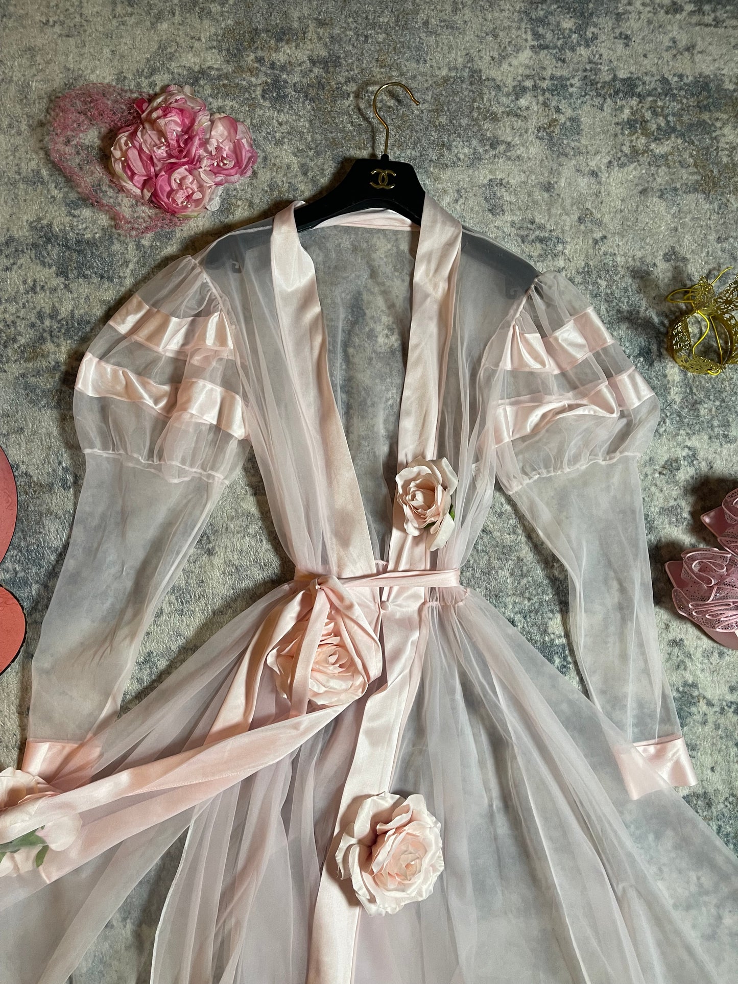 Vintage Custom 60s 70s Powder Pink Nylon Puffy Balloon Shoulders Custom 3-D Duster Fits XS-M