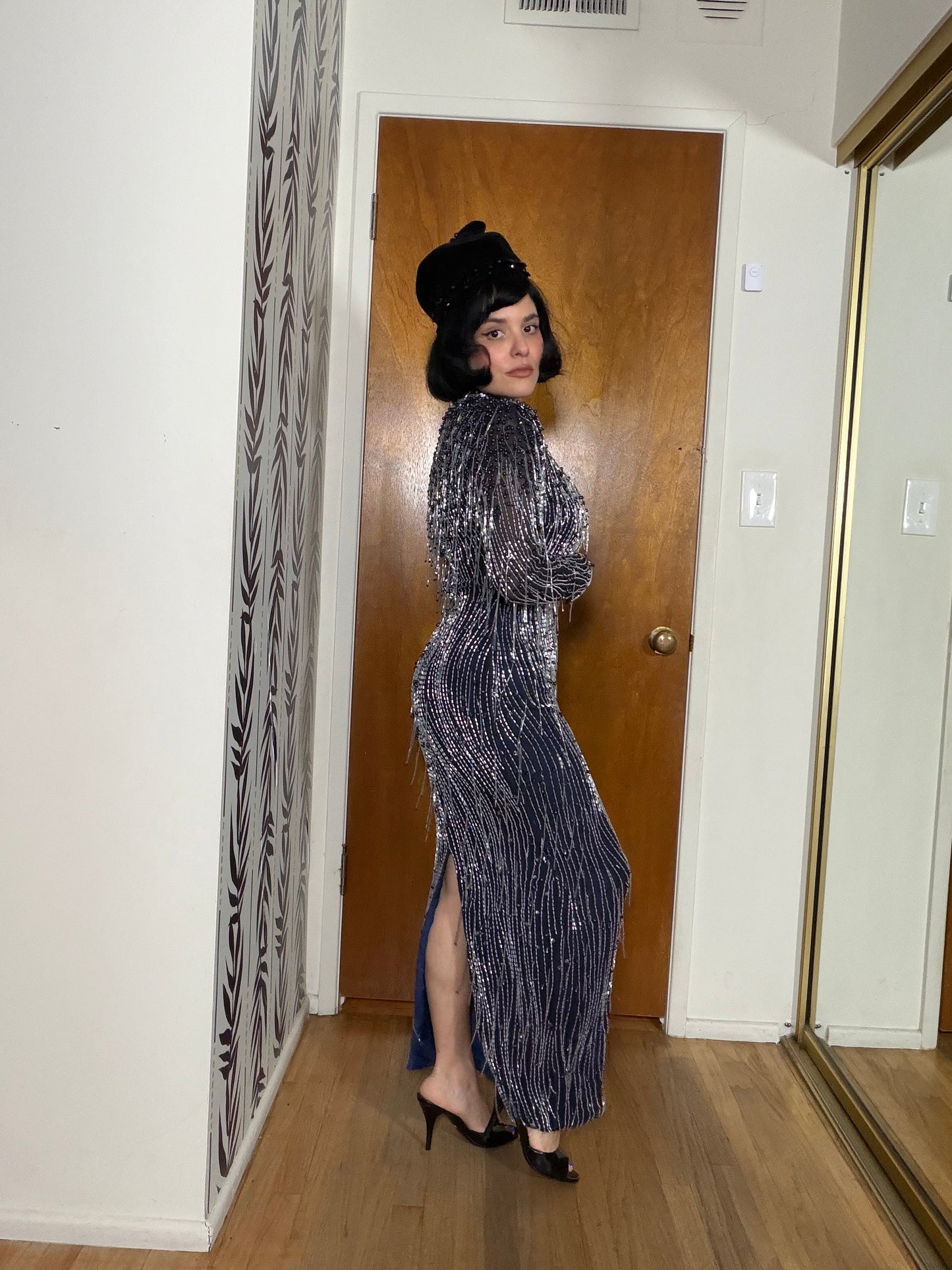 Vintage 80s Silk Beaded Navy Gown Fits XS-SM