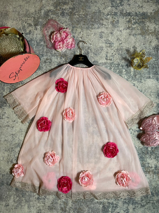 Vintage Custom 50s 60s Pink Nylon Lace Trapeze Custom 3-D Duster Fits XS-L