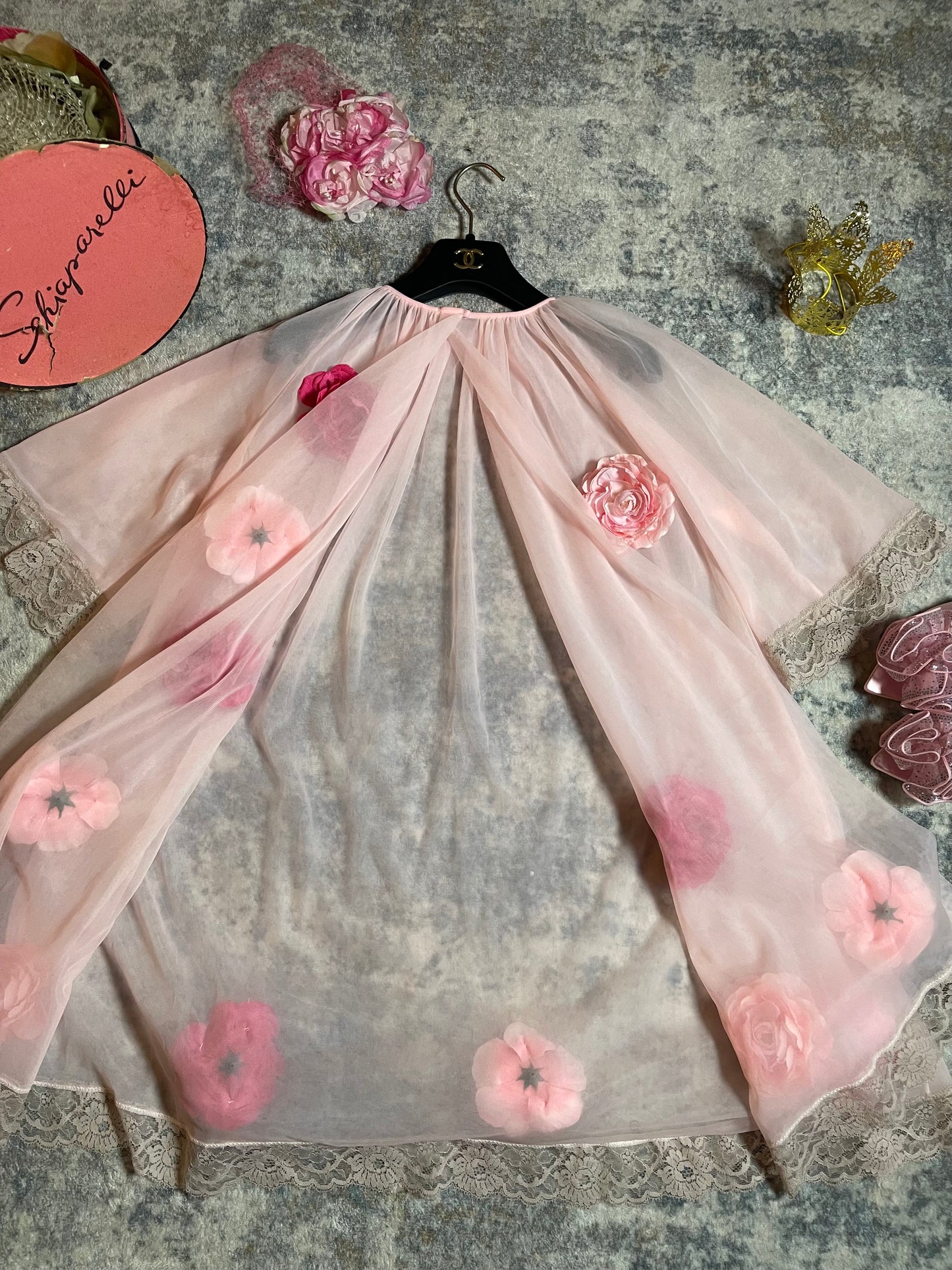 Vintage Custom 50s 60s Pink Nylon Lace Trapeze Custom 3-D Duster Fits XS-L