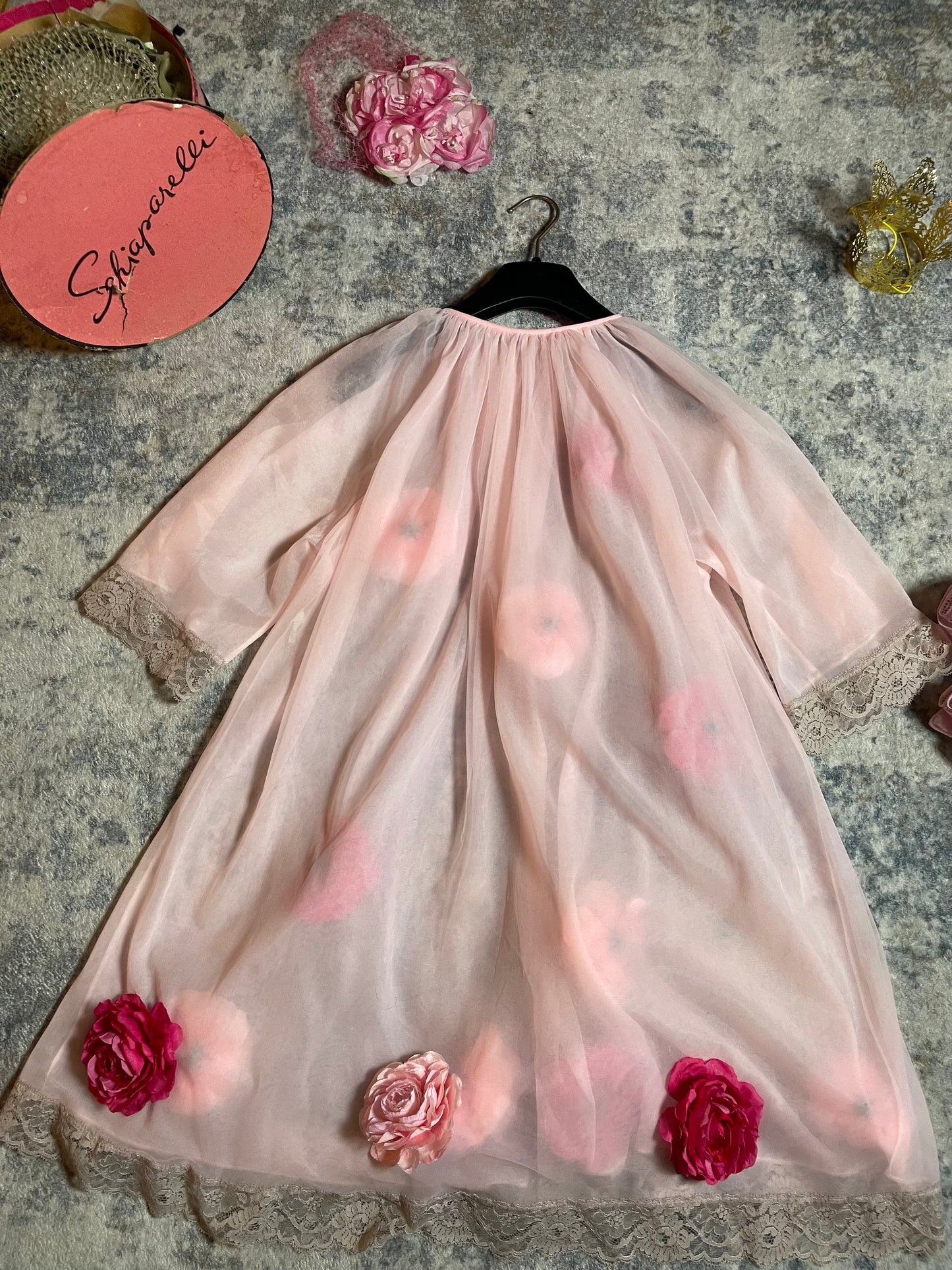 Vintage Custom 50s 60s Pink Nylon Lace Trapeze Custom 3-D Duster Fits XS-L