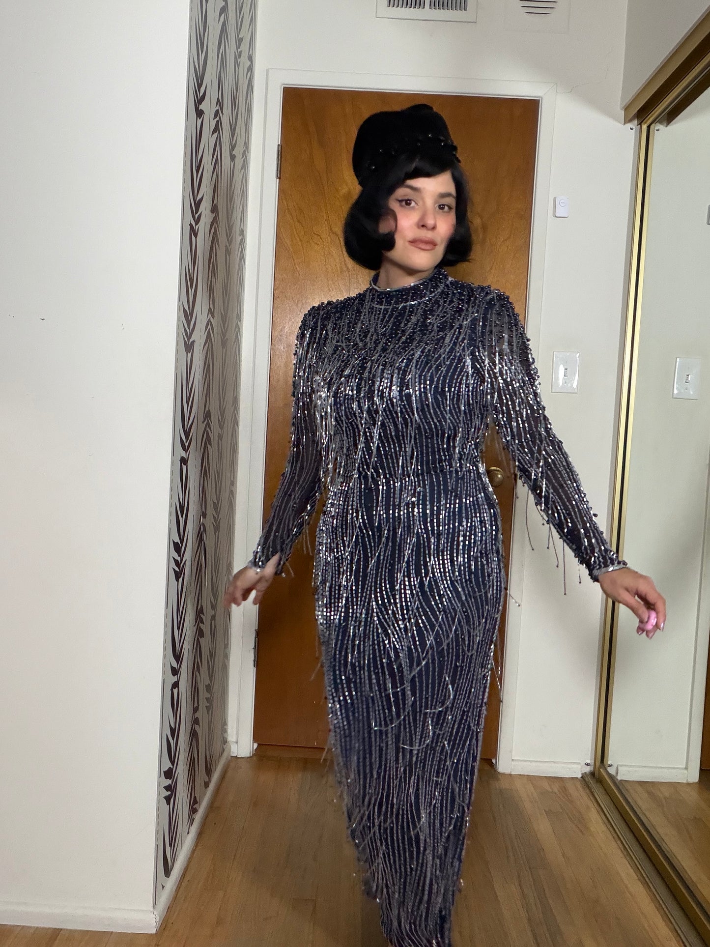 Vintage 80s Silk Beaded Navy Gown Fits XS-SM