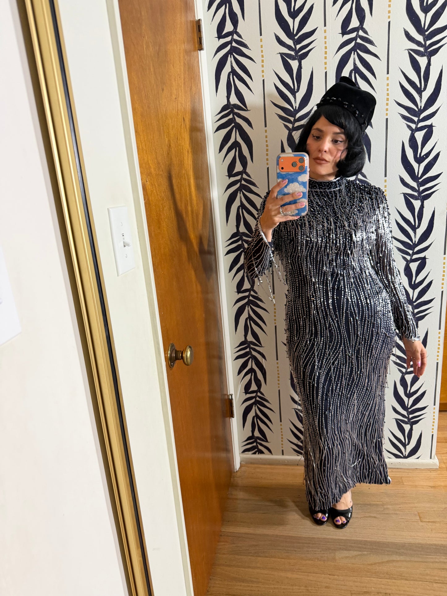 Vintage 80s Silk Beaded Navy Gown Fits XS-SM