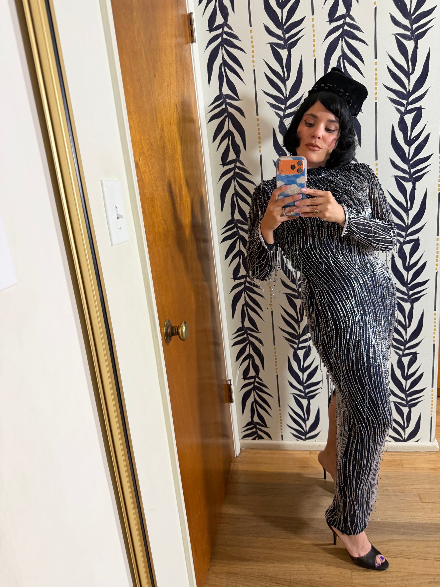 Vintage 80s Silk Beaded Navy Gown Fits XS-SM