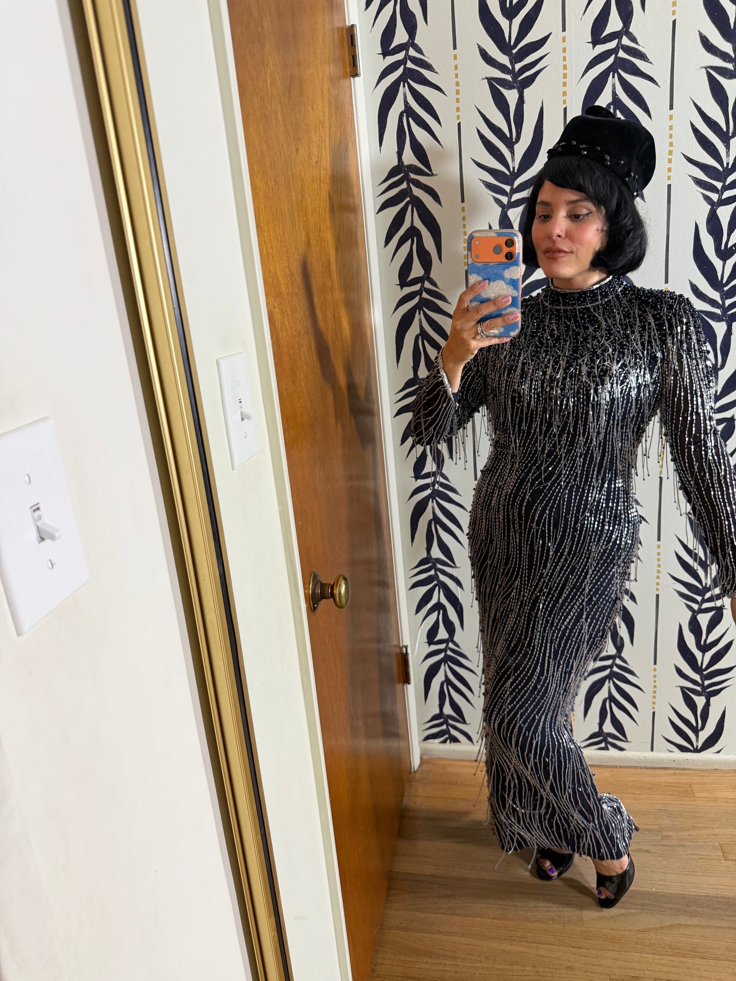 Vintage 80s Silk Beaded Navy Gown Fits XS-SM