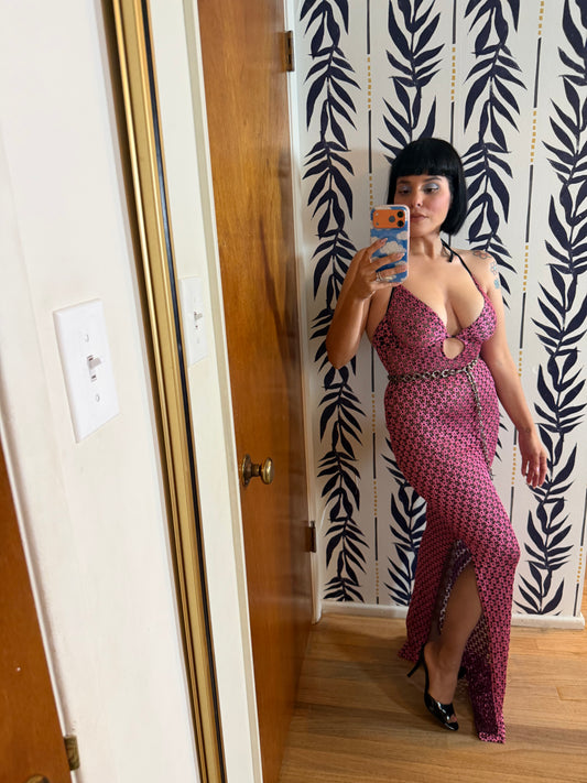 Vintage 90s/ Y2K Slinky Black Lace Flower Print Stretchy Dress XS-M