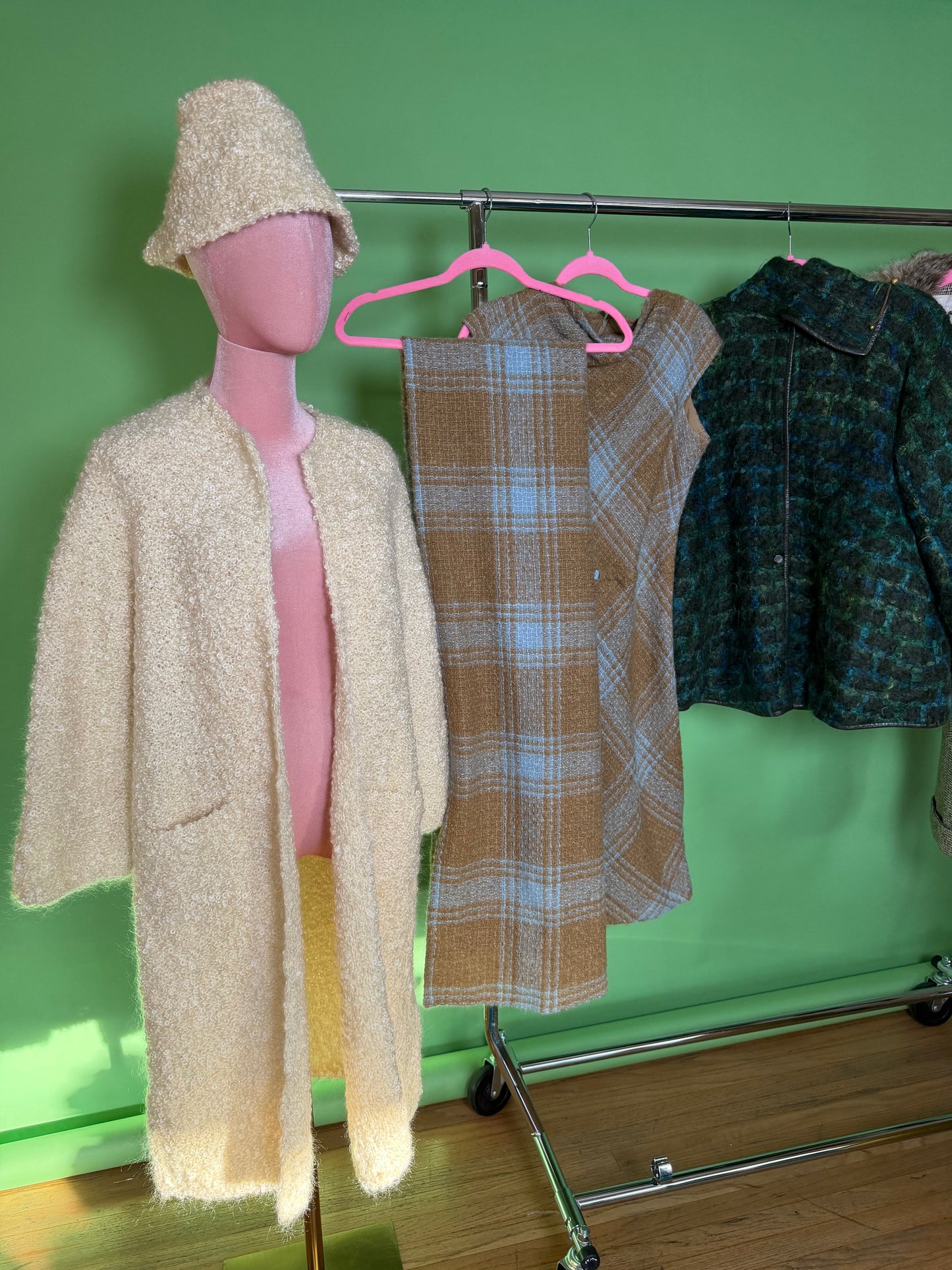 60s Plaid Boucle Dress and Shawl Set fits Sizes XS-SM