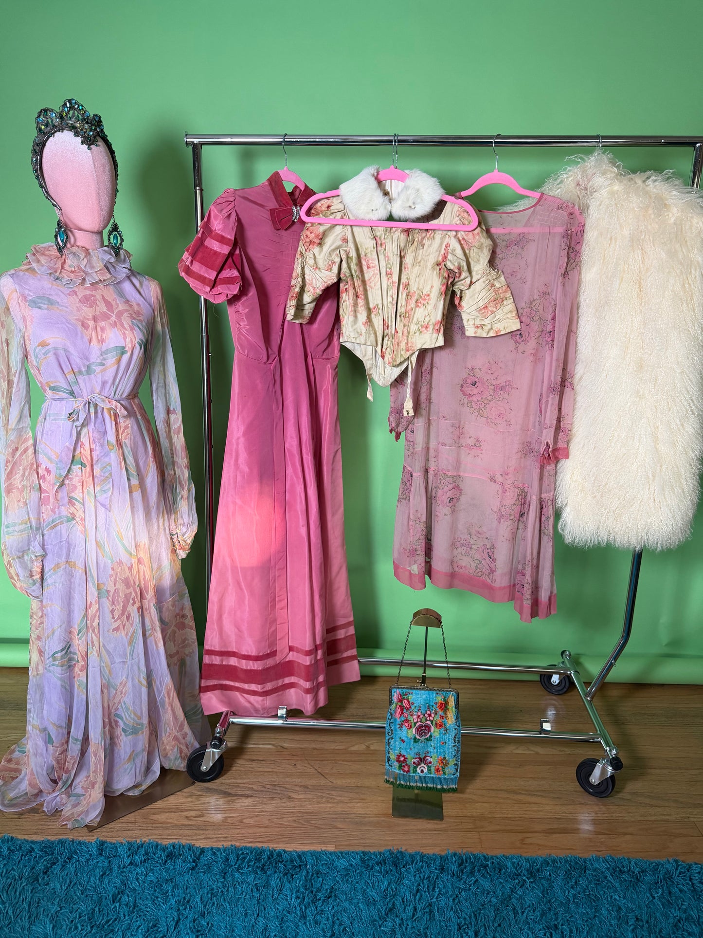 40s Vintage Rose Pink Satin Gown with Velvet Trim Fits XS-SM
