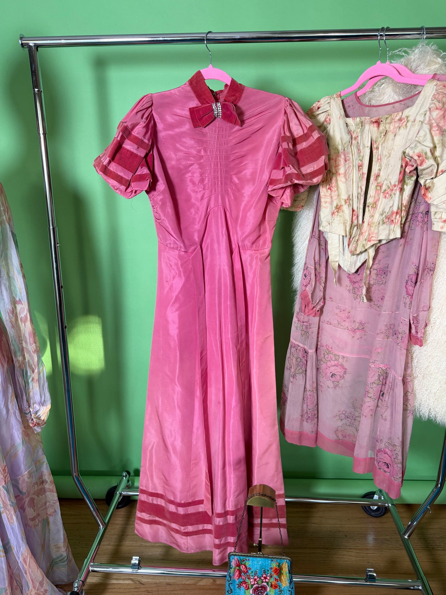 40s Vintage Rose Pink Satin Gown with Velvet Trim Fits XS-SM